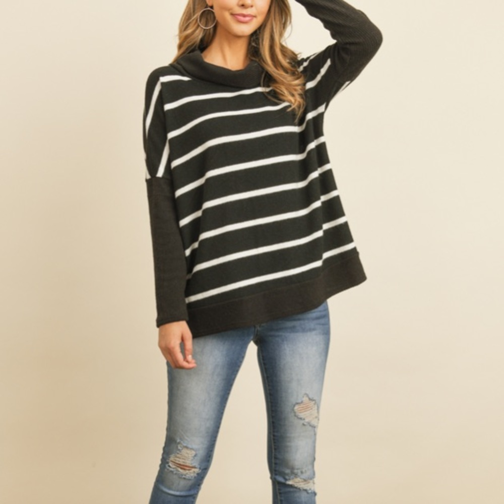 NEW Black White Stripe Cowl Neck Sweater Top - Picture 4 of 5